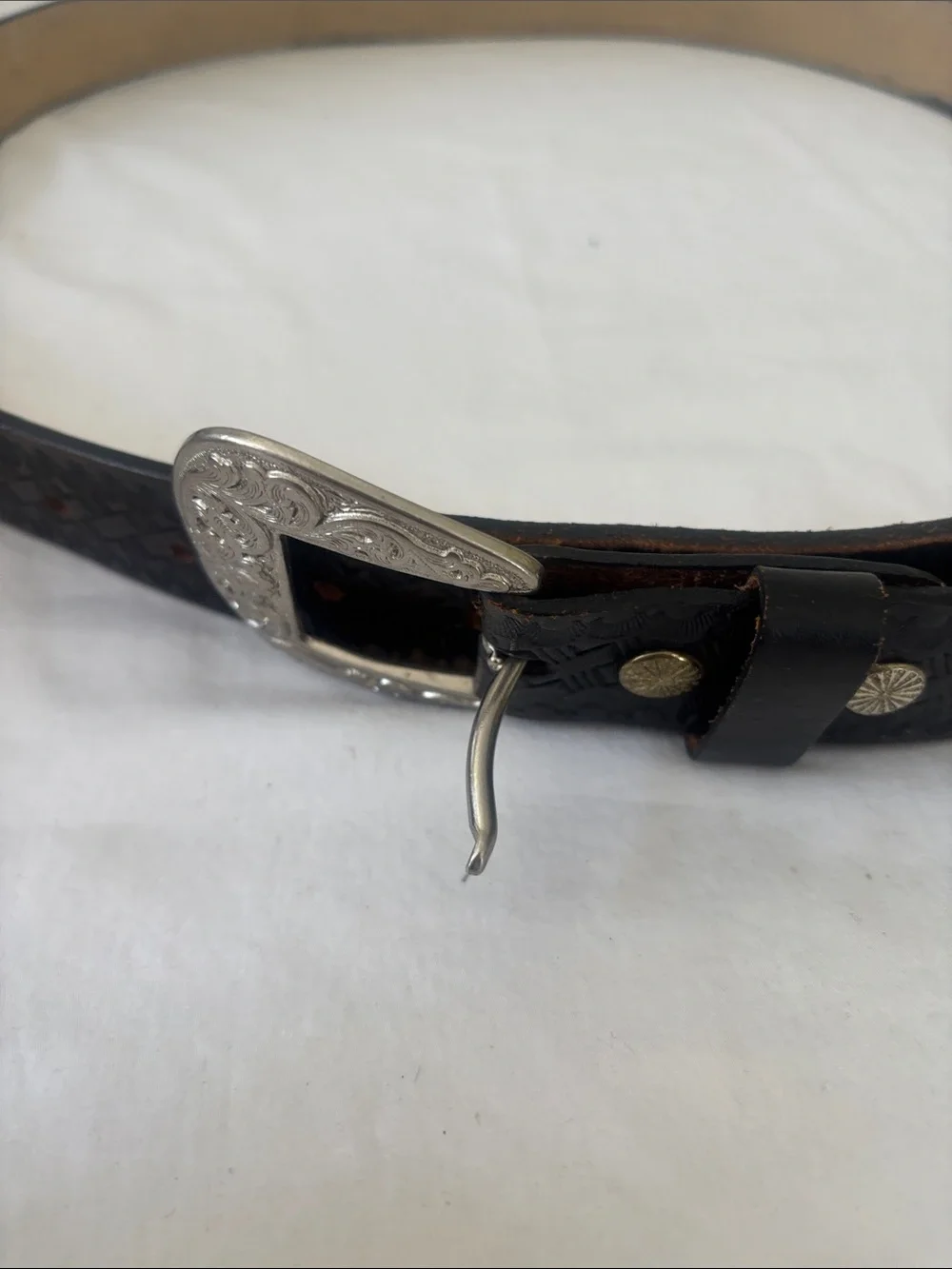 Black Woven Leather Belt with Silver Floral Buckle